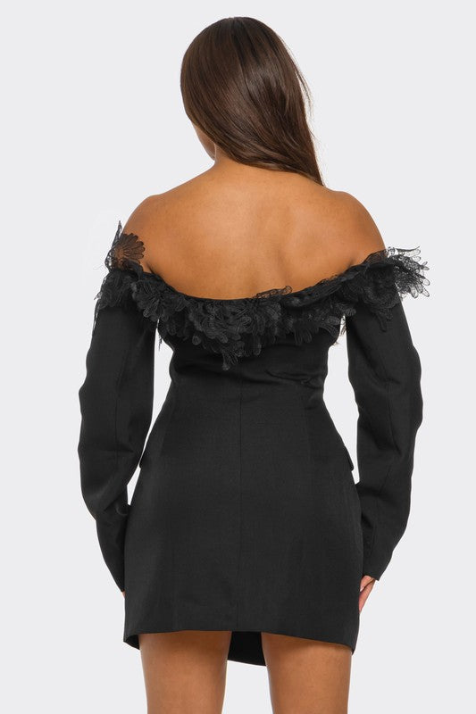 Off-Shoulder Lace Blazer Dress - HOUSE OF SHE