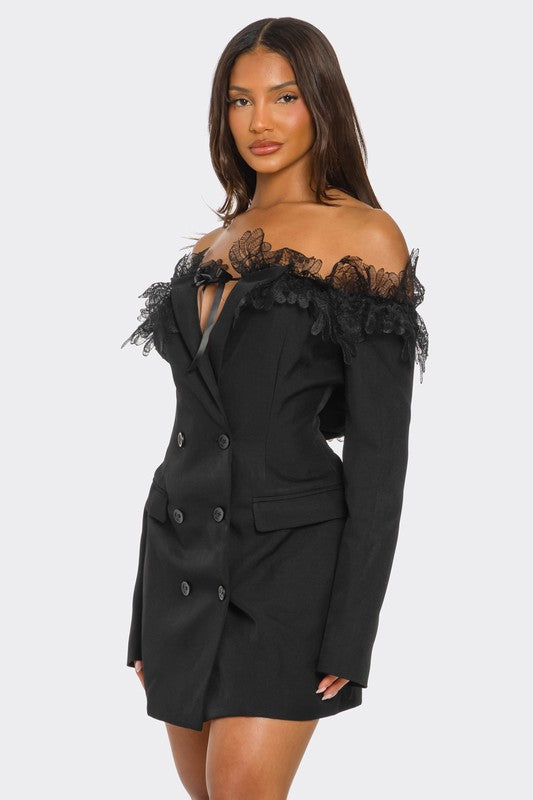 Off-Shoulder Lace Blazer Dress - HOUSE OF SHE