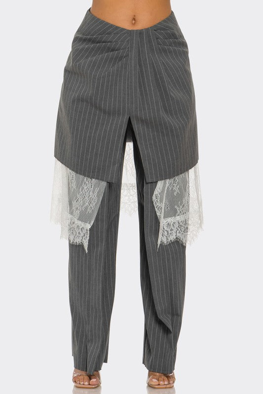 Lace-Layered Pinstripe Pant Set - HOUSE OF SHE