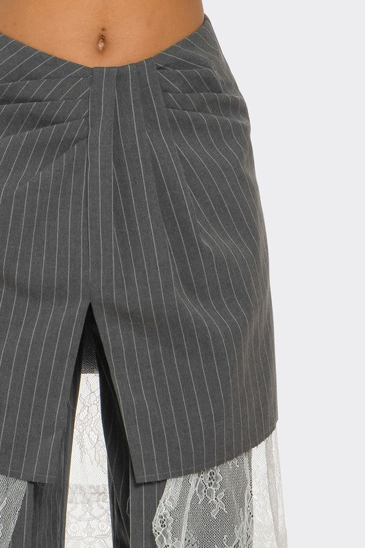 Lace-Layered Pinstripe Pant Set