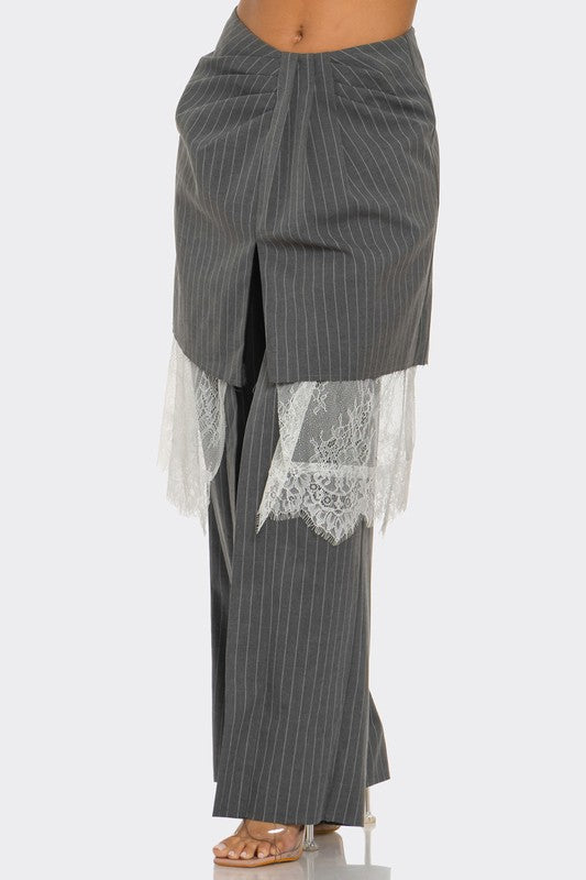 Lace-Layered Pinstripe Pant Set - HOUSE OF SHE