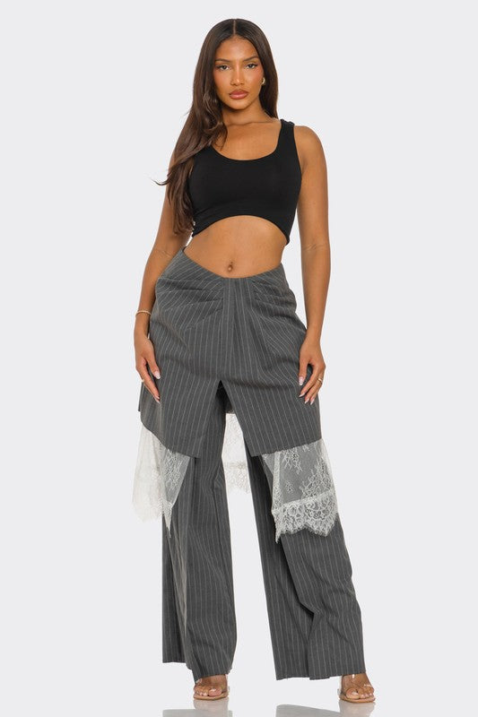 Lace-Layered Pinstripe Pant Set - HOUSE OF SHE