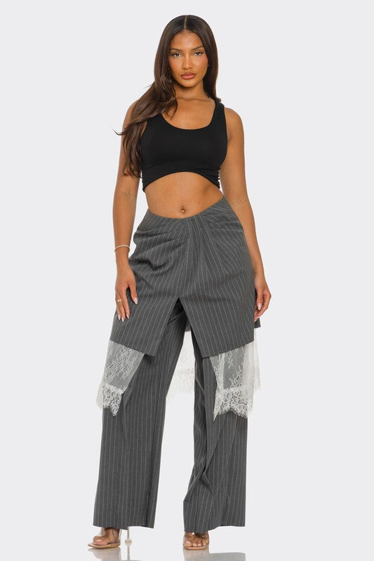 Lace-Layered Pinstripe Pant Set - HOUSE OF SHE