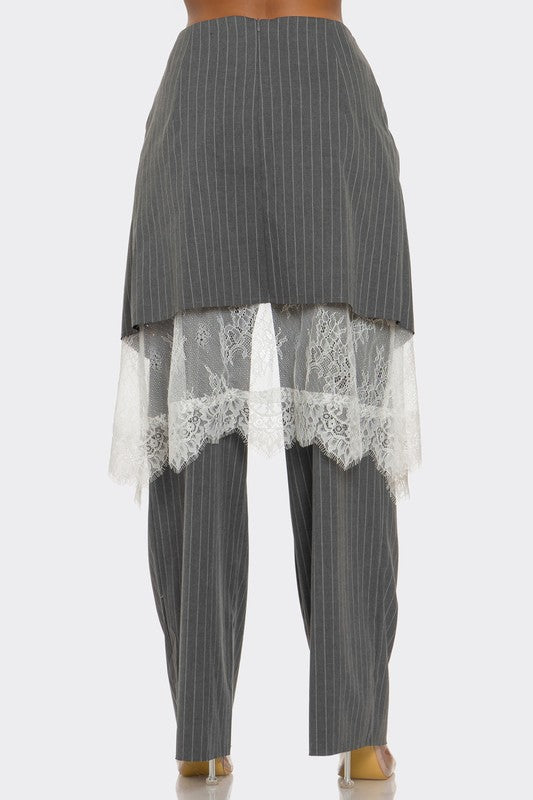 Lace-Layered Pinstripe Pant Set - HOUSE OF SHE