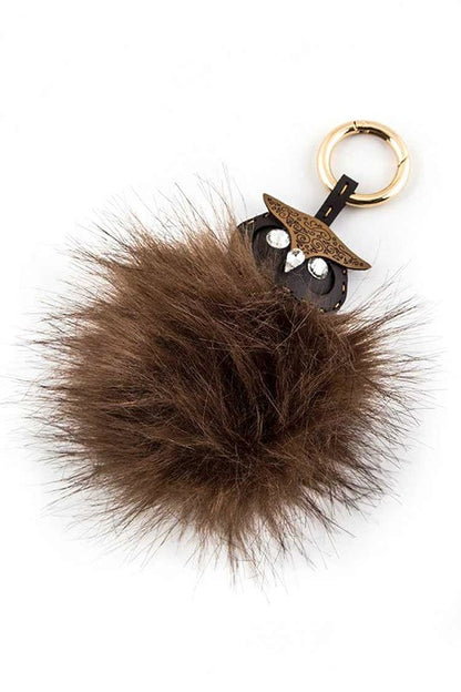 Leather Owl Fur Pom Key Charm