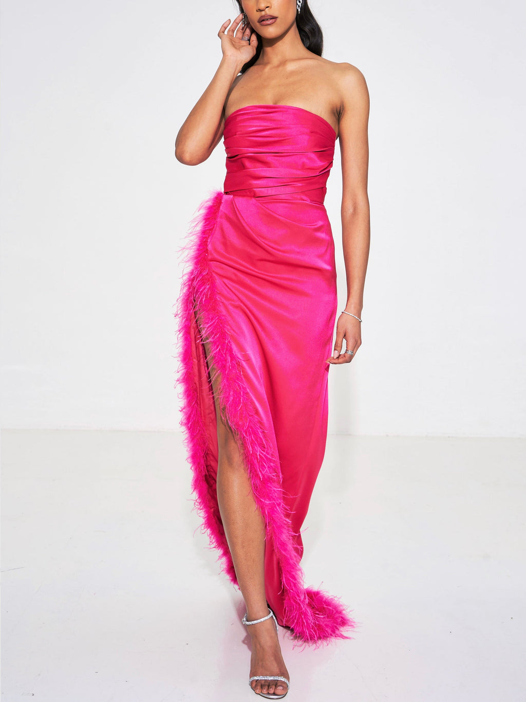 Rin Fuchsia Pink Feather Dress High Slit Gown - HOUSE OF SHE