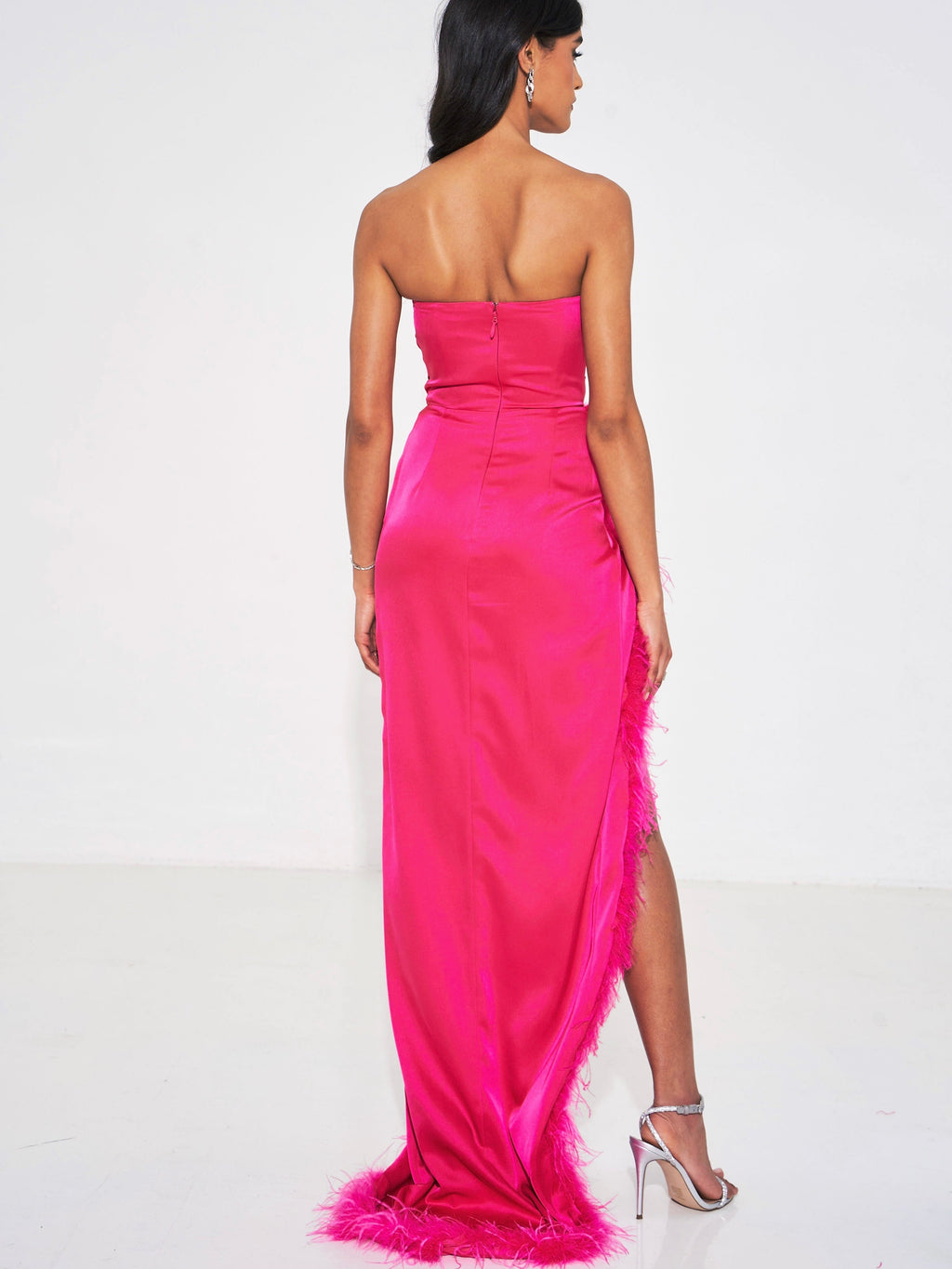 Rin Fuchsia Pink Feather Dress High Slit Gown - HOUSE OF SHE