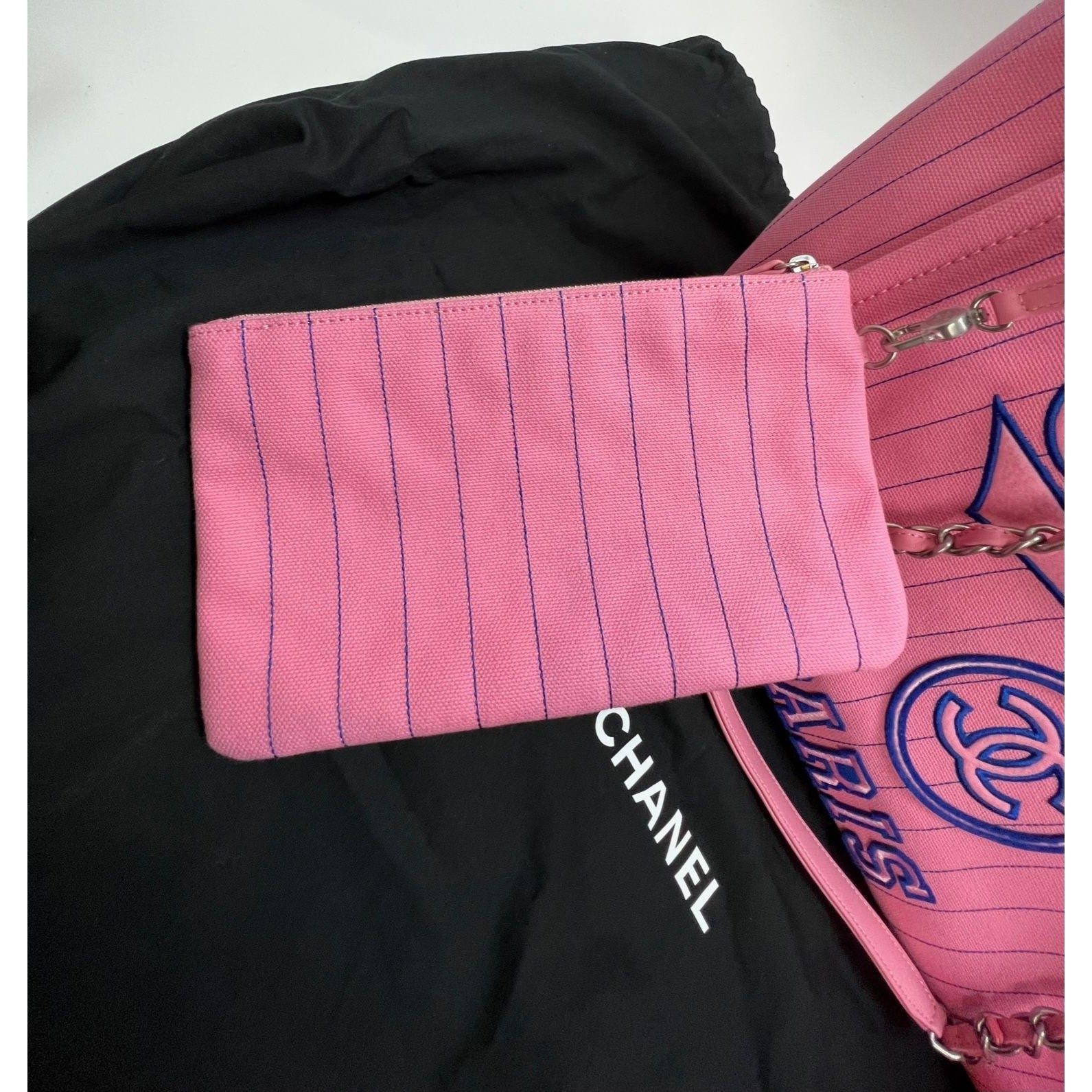 Chanel Canvas Calfskin Striped Medium Deauville Pink Tote - HOUSE OF SHE