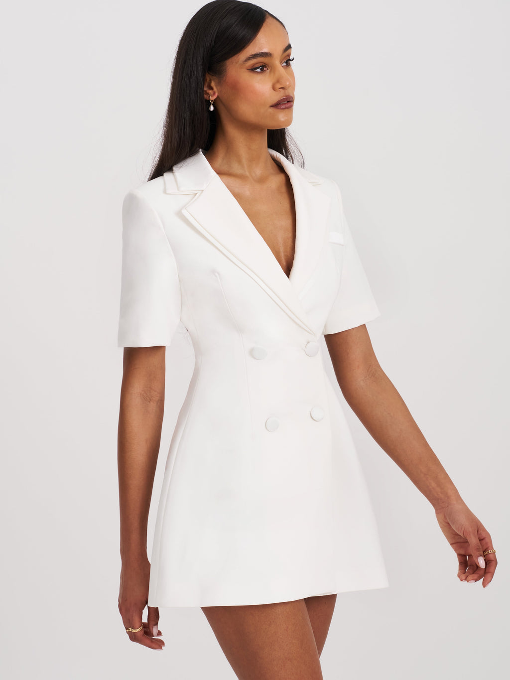 Madelina White Double Breast Satin Trim Blazer Dress - HOUSE OF SHE
