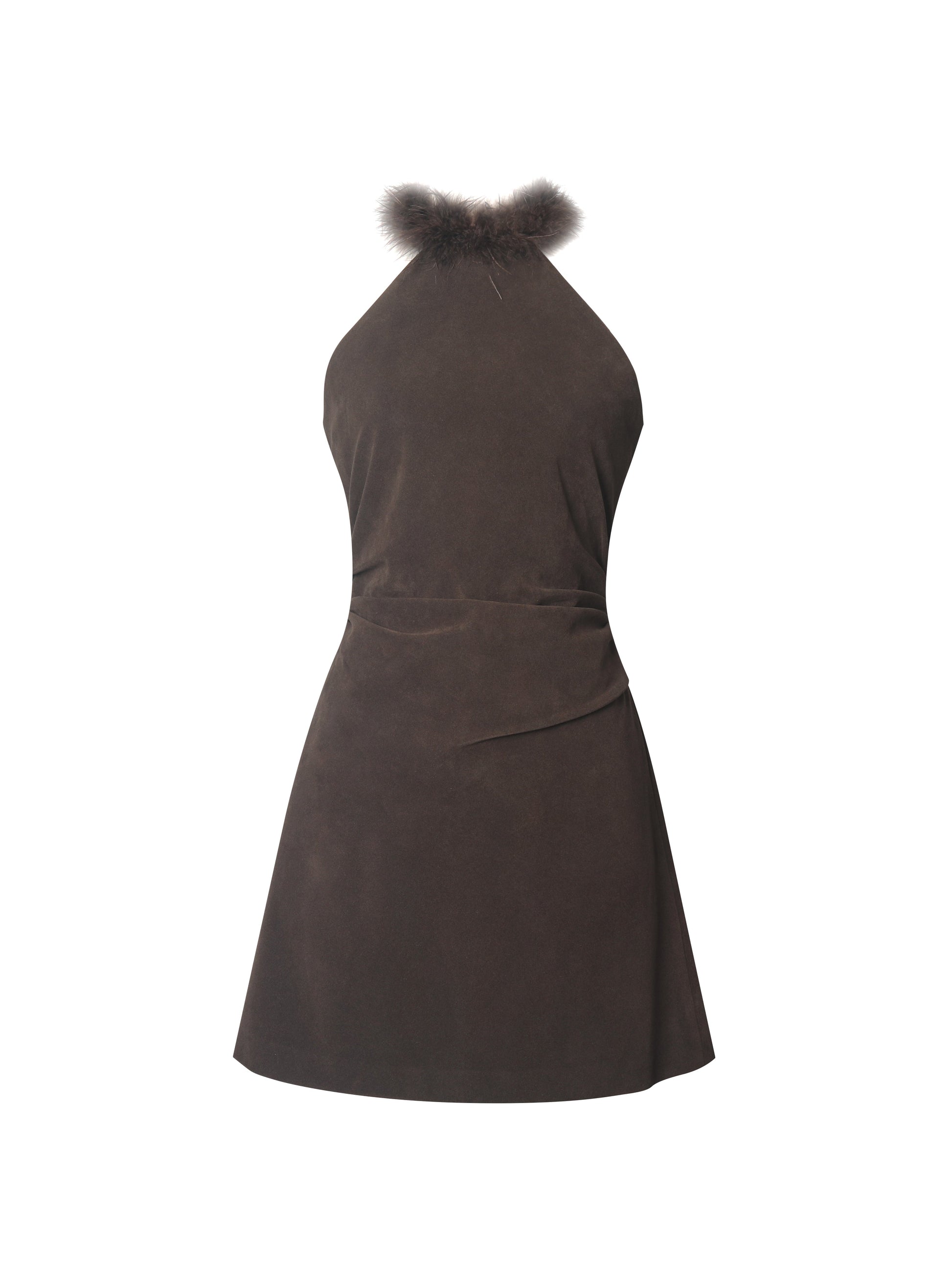 Yael Espresso Vegan Suede Faux Fur Halter Mini Dress