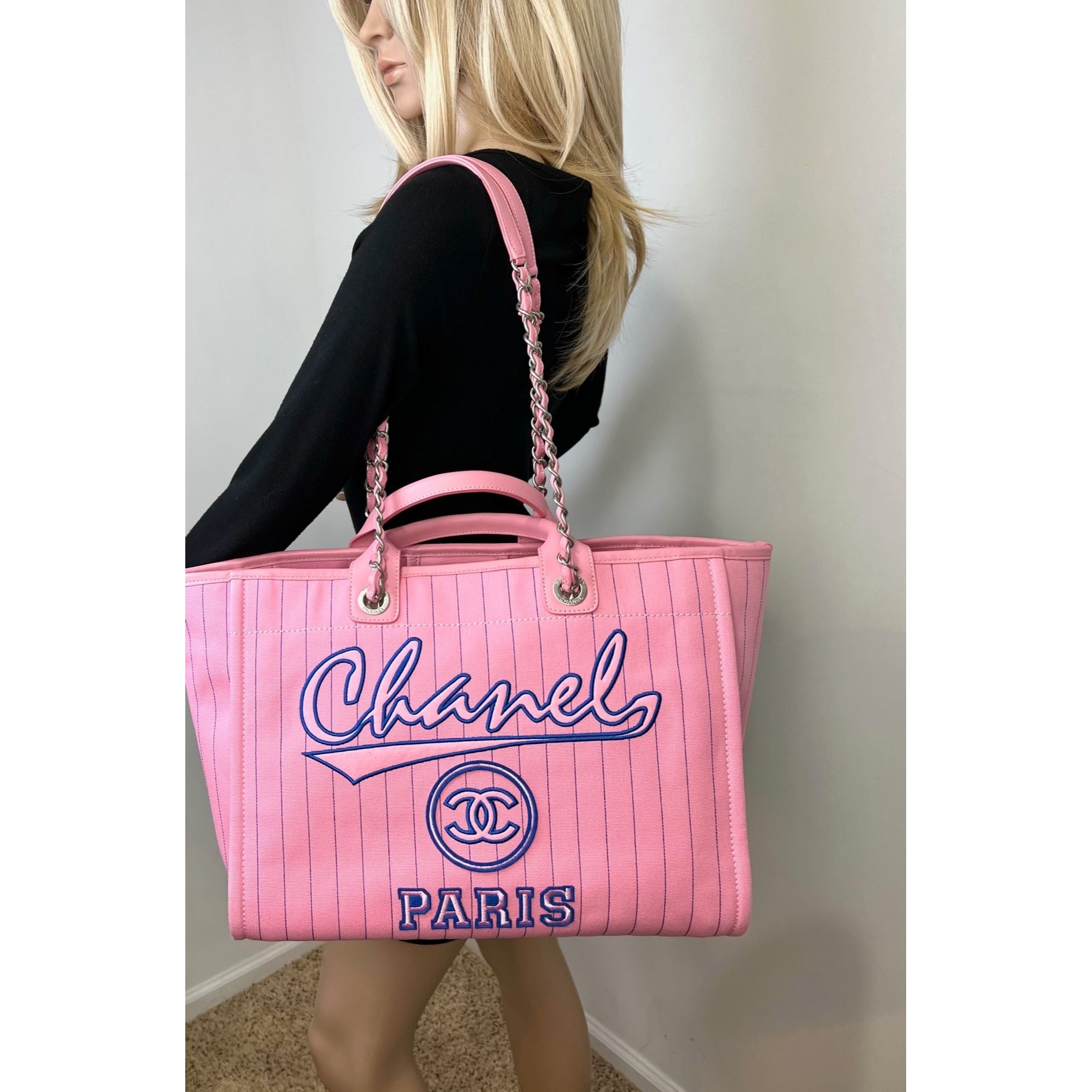 Chanel Canvas Calfskin Striped Medium Deauville Pink Tote - HOUSE OF SHE