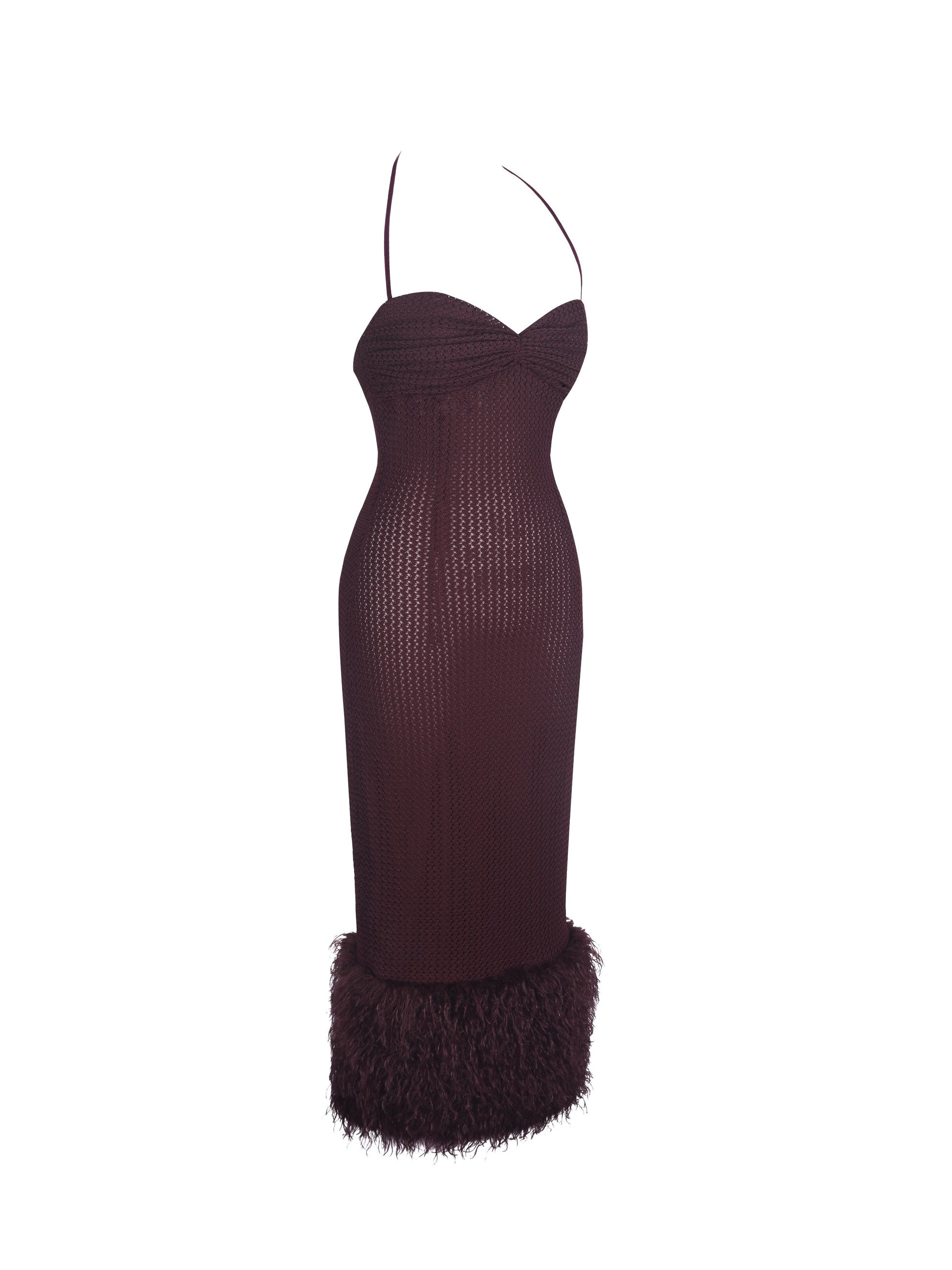 Pluma Maroon Halter Faux-Fur Trimmed Midi Dress