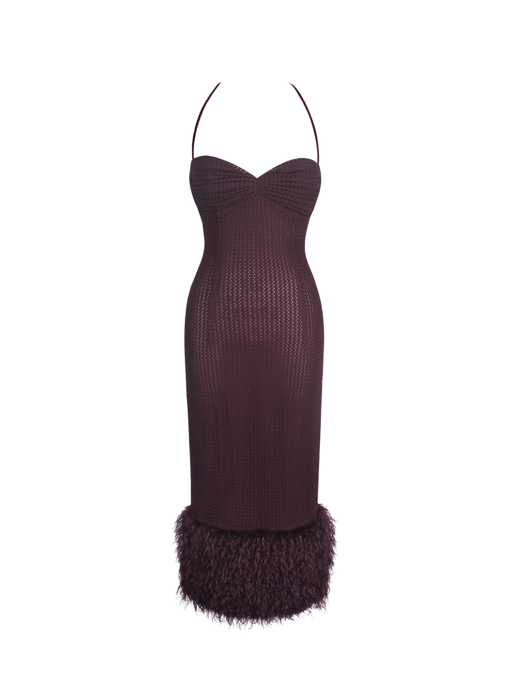 Pluma Maroon Halter Faux-Fur Trimmed Midi Dress