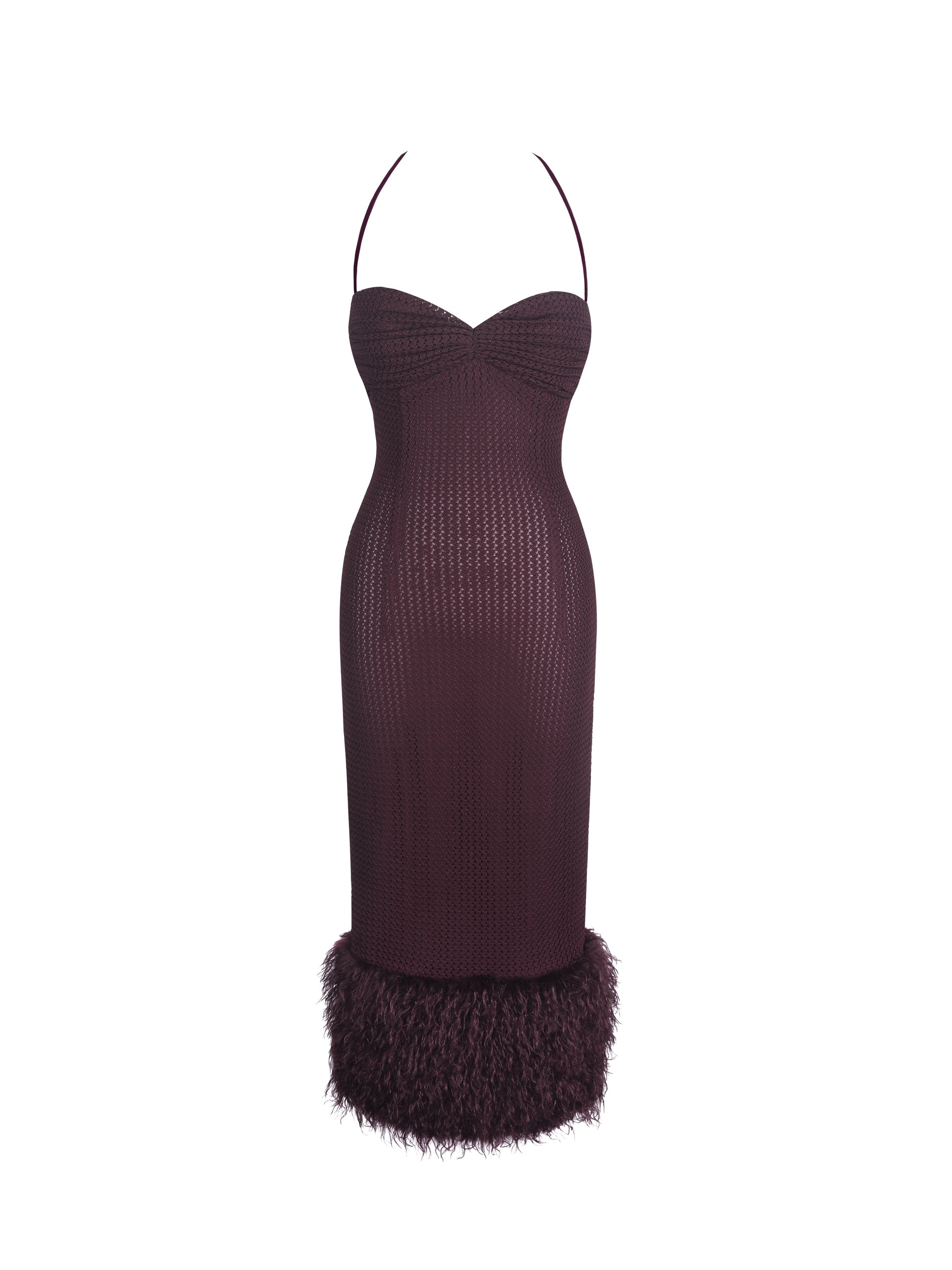 Pluma Maroon Halter Faux-Fur Trimmed Midi Dress