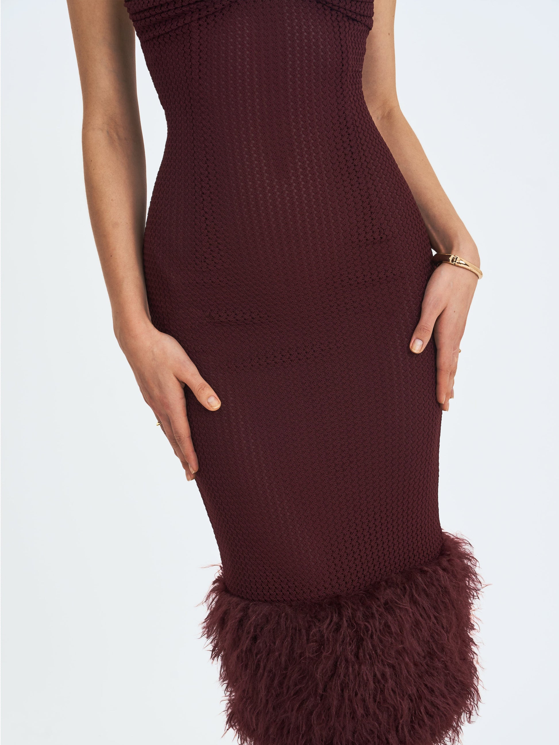 Pluma Maroon Halter Faux-Fur Trimmed Midi Dress