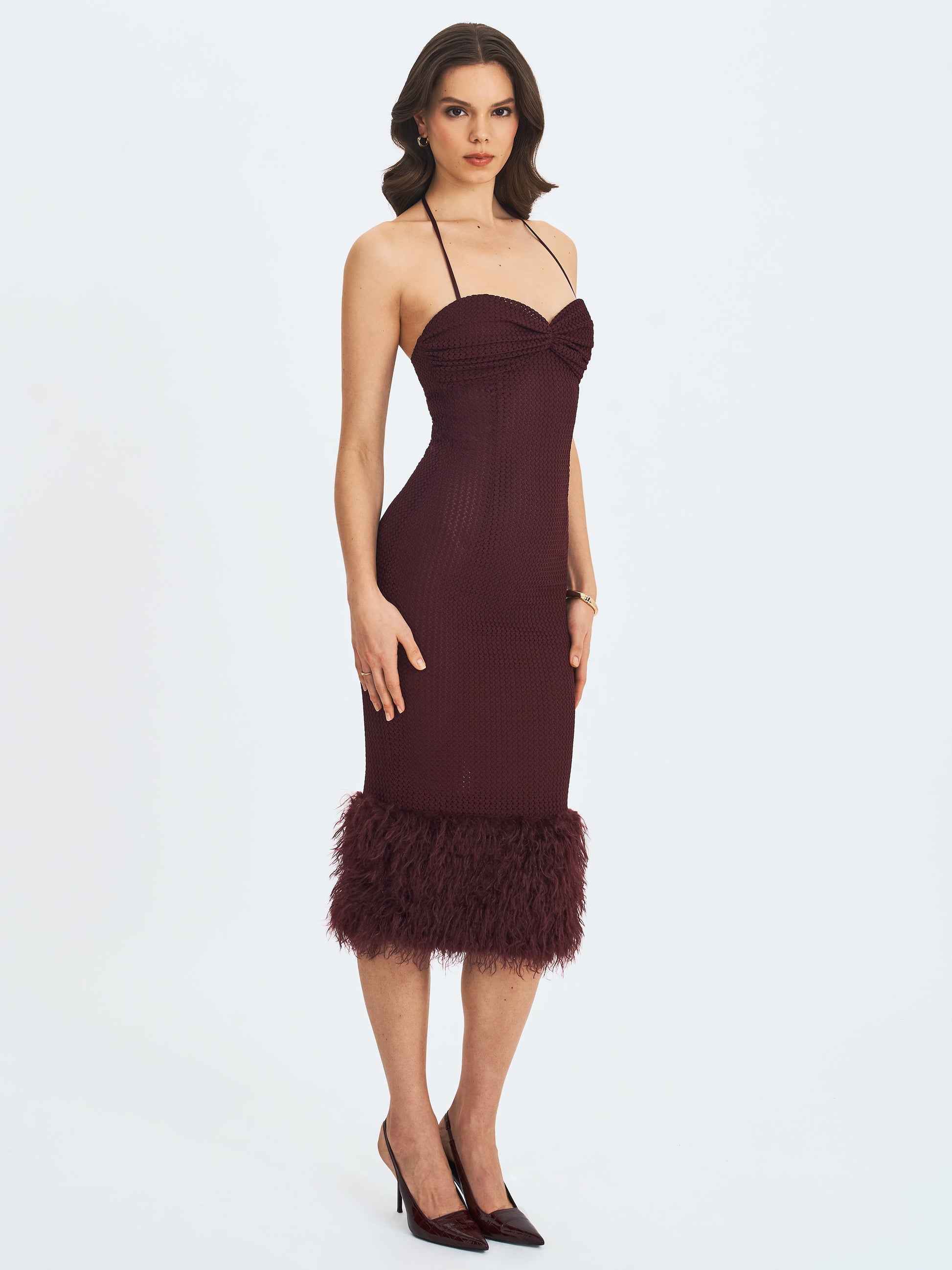 Pluma Maroon Halter Faux-Fur Trimmed Midi Dress