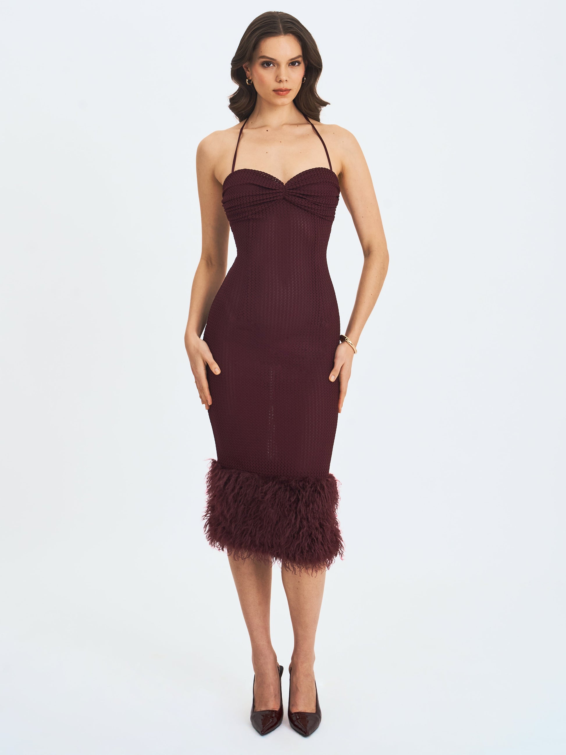 Pluma Maroon Halter Faux-Fur Trimmed Midi Dress