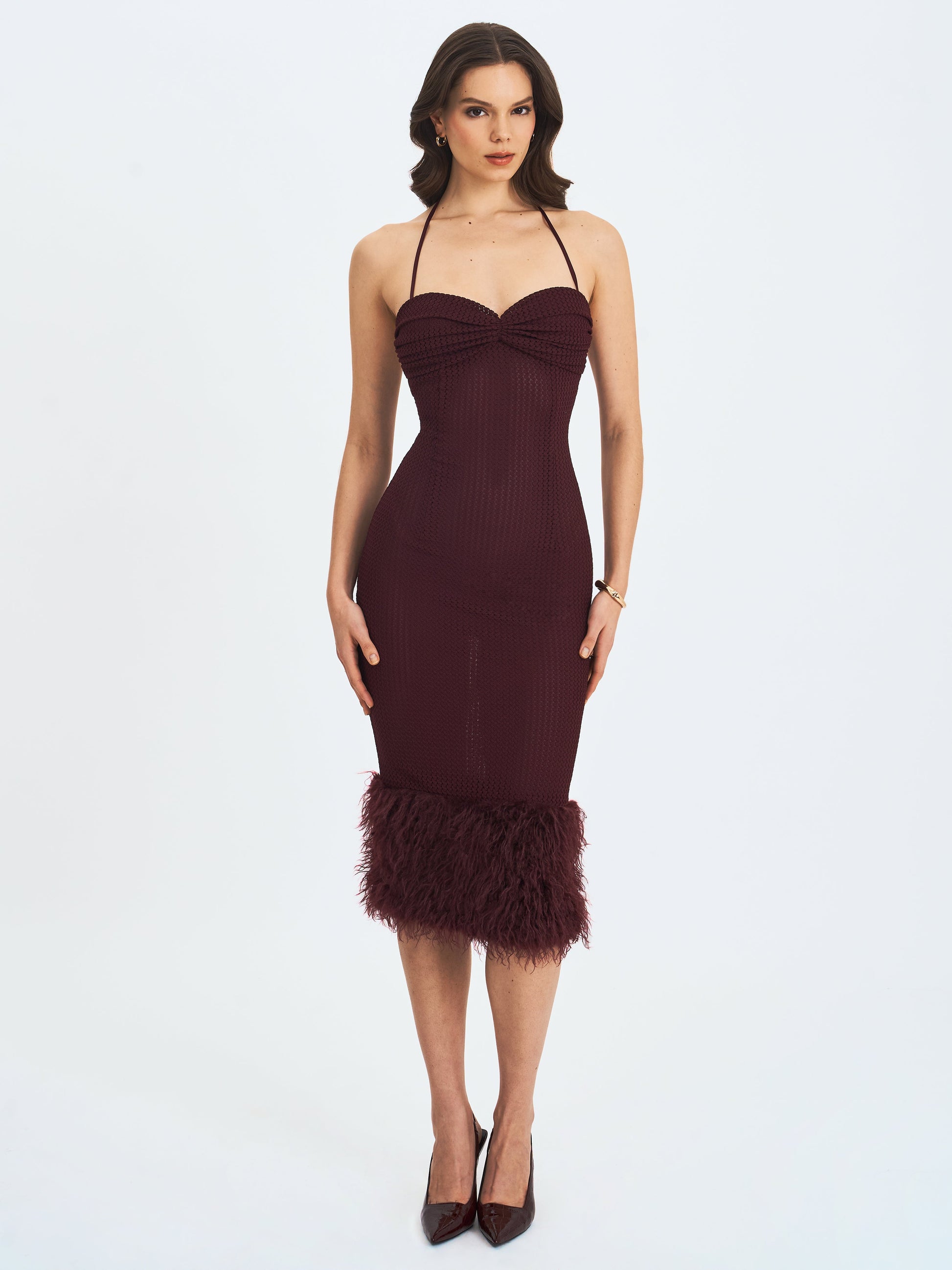 Pluma Maroon Halter Faux-Fur Trimmed Midi Dress