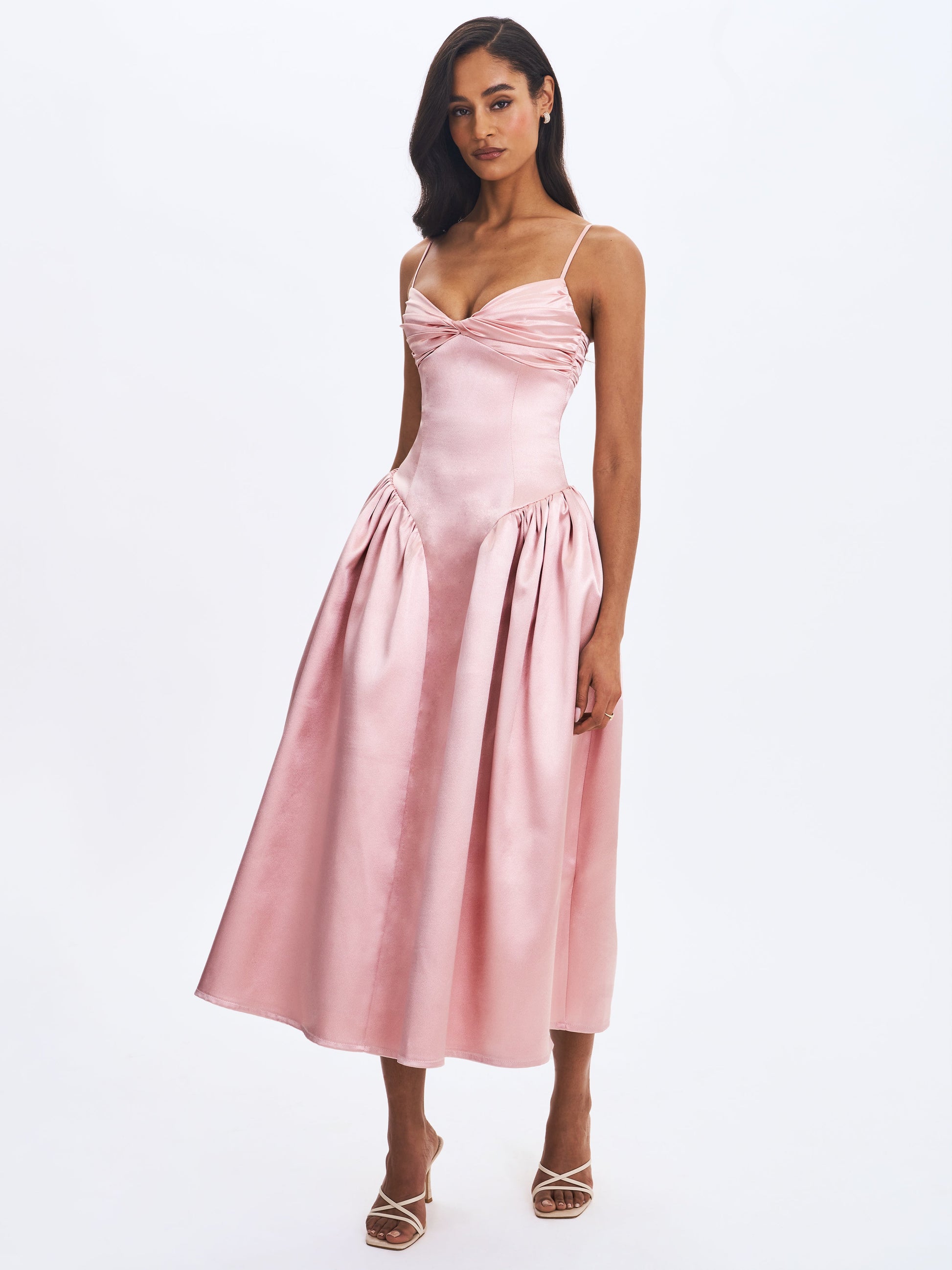 Tullia Dusty Rose Satin Ruched Midi Dress