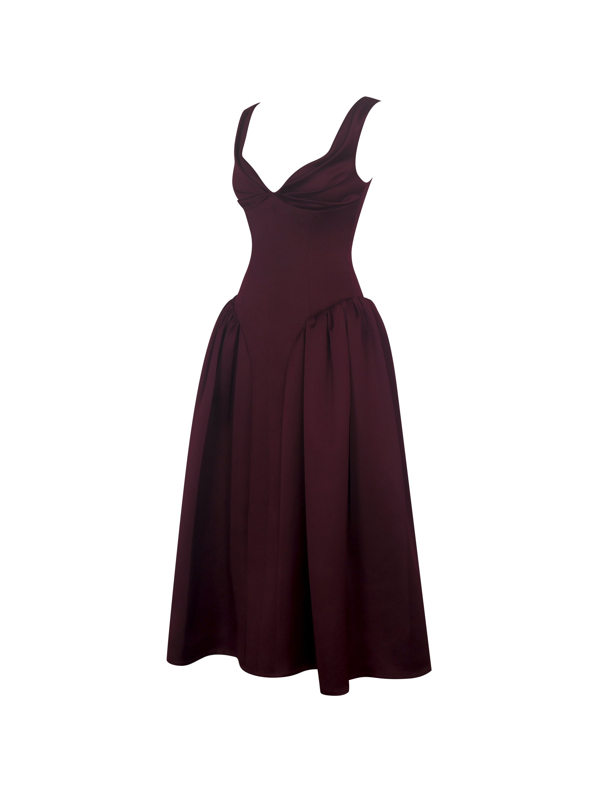 Omella Burgundy Ruched Bust Sweetheart Flared Maxi Dress