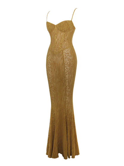Lani Gold Burnout Velvet Detail Mesh Maxi Dress