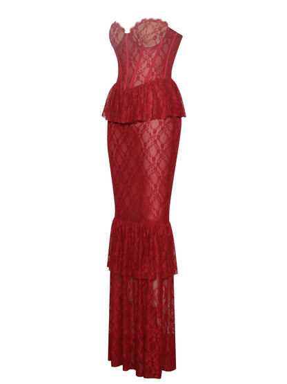 Quin Red Lace Corset Maxi Dress