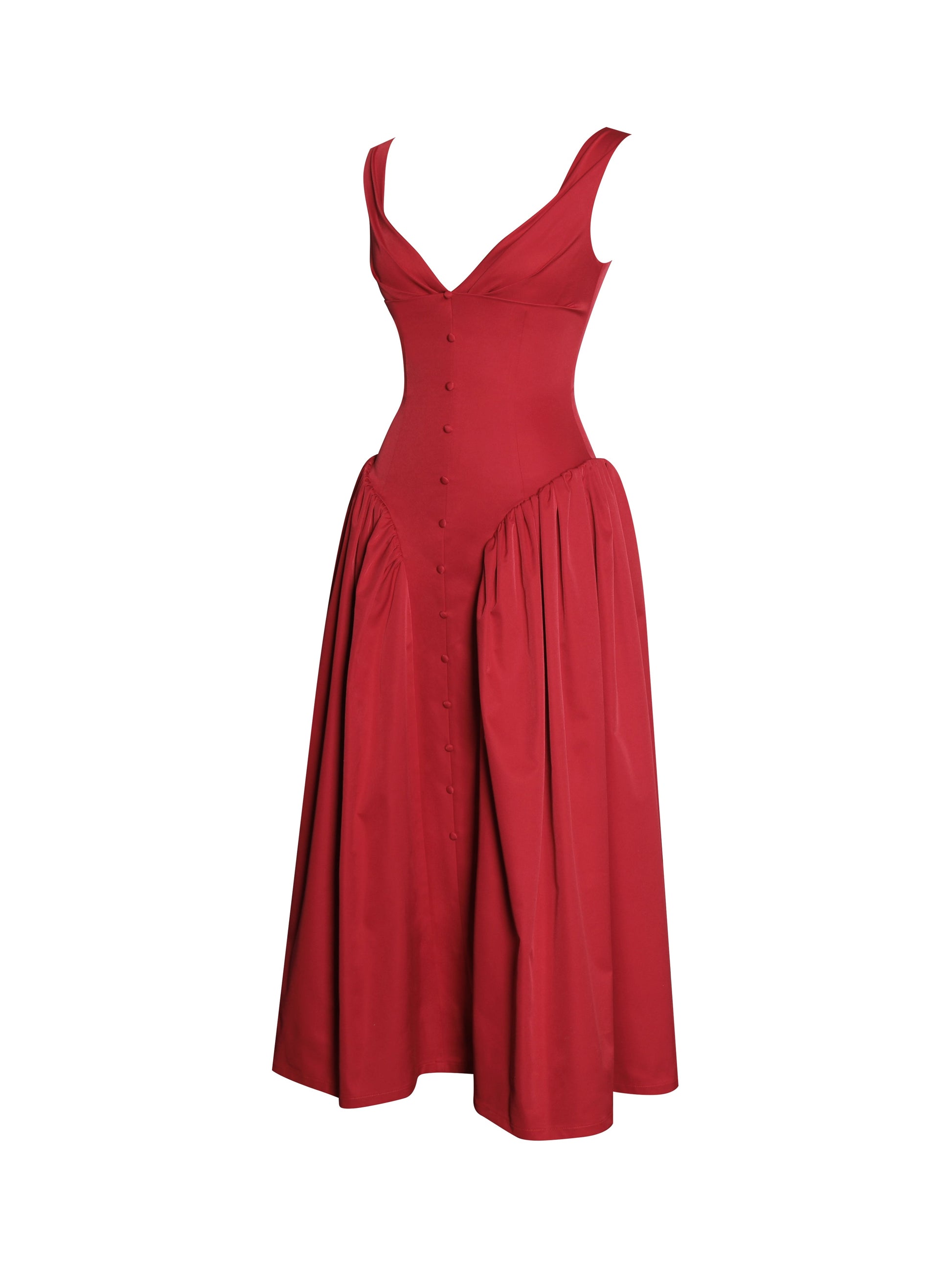 Nahla Red Drop Waist Midi Dress with Buttons - HOUSE OF SHE