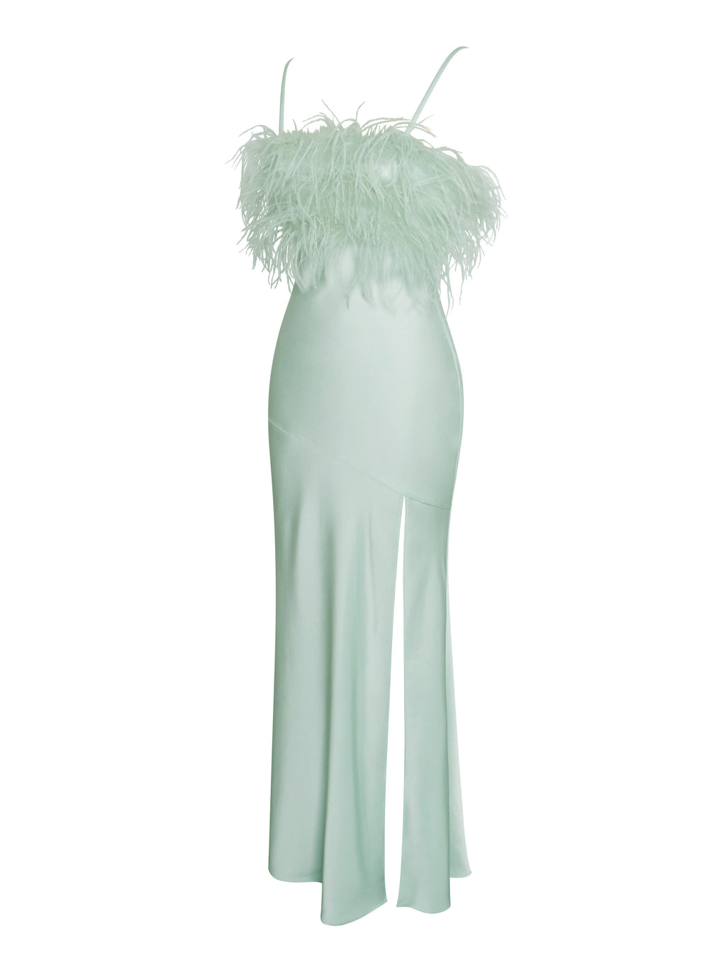 Yanira Mint Feather High Slit Satin Maxi Dress  HOUSE OF SHE