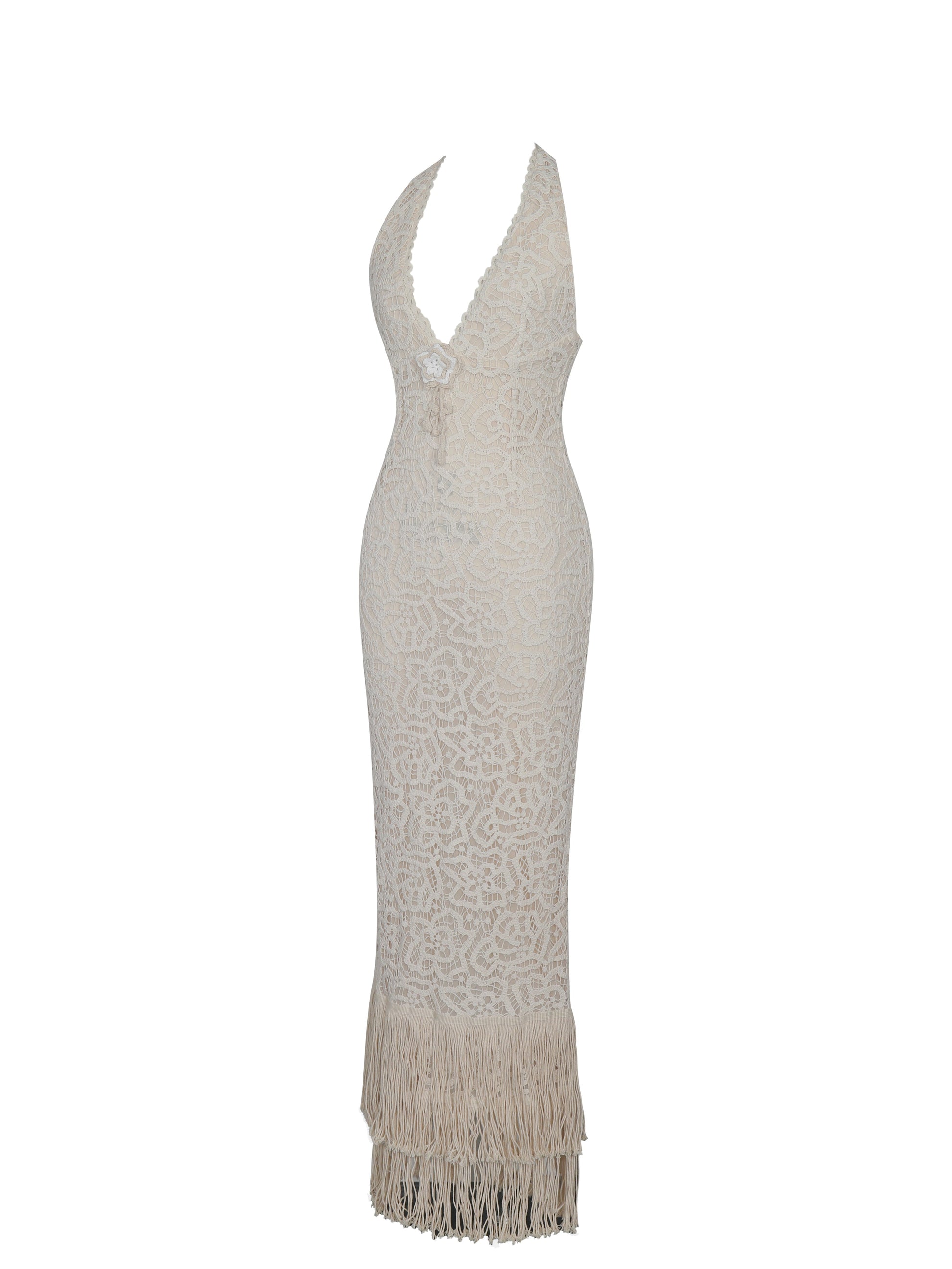 Faelyn Off-White Double Fringe Crochet Halter Maxi Dress - HOUSE OF SHE