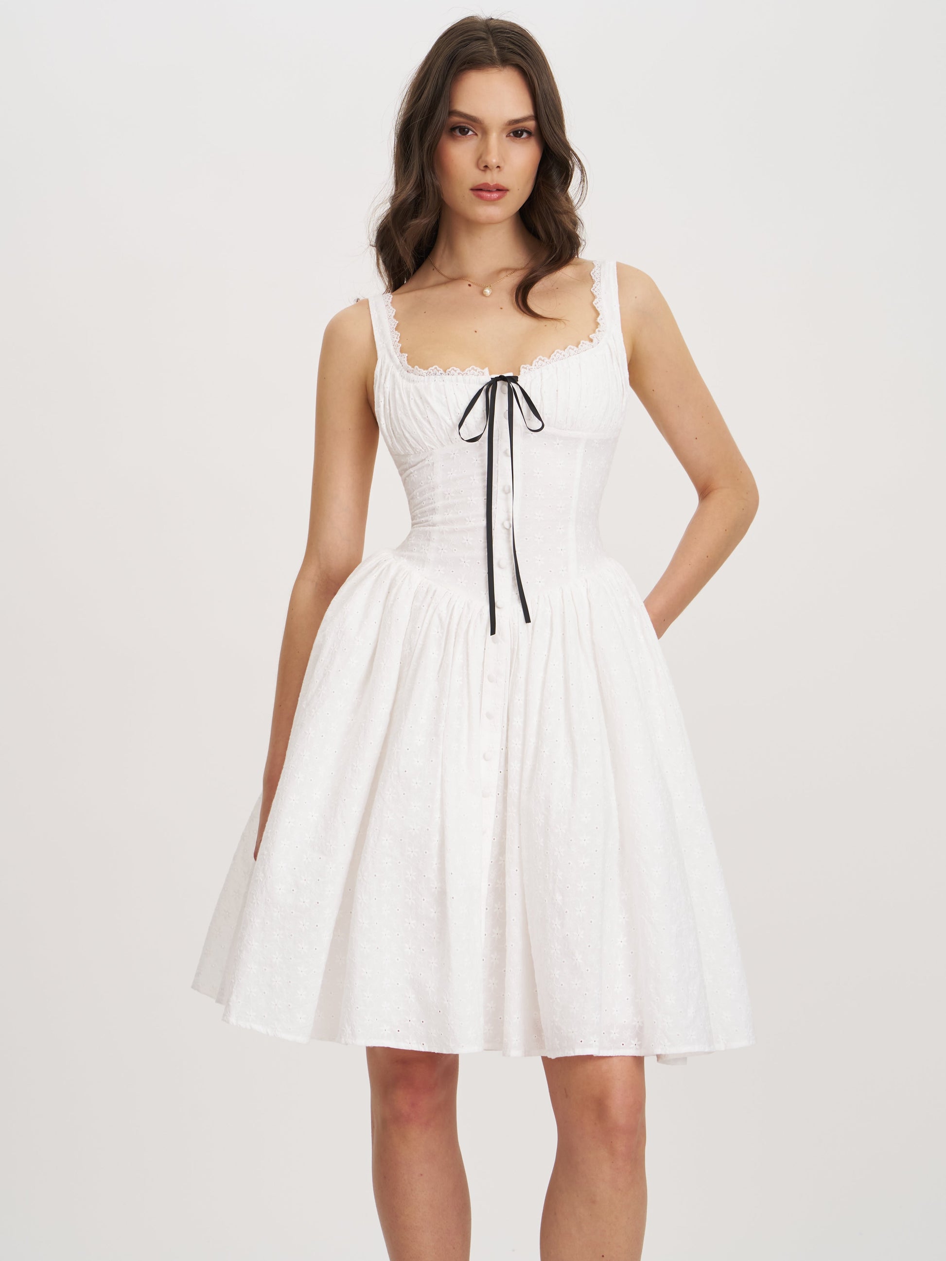 Madison Cotton Eyelet Square Neck Midi Dress - HOUSE OF SHE