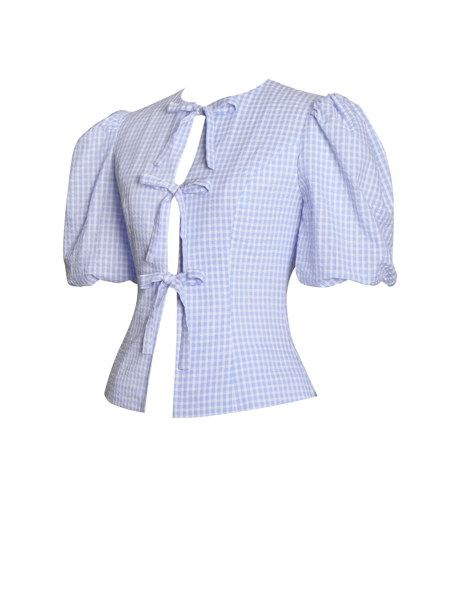 Qusayla Baby Blue Gingham Bubble Sleeve Bowtie Top - HOUSE OF SHE