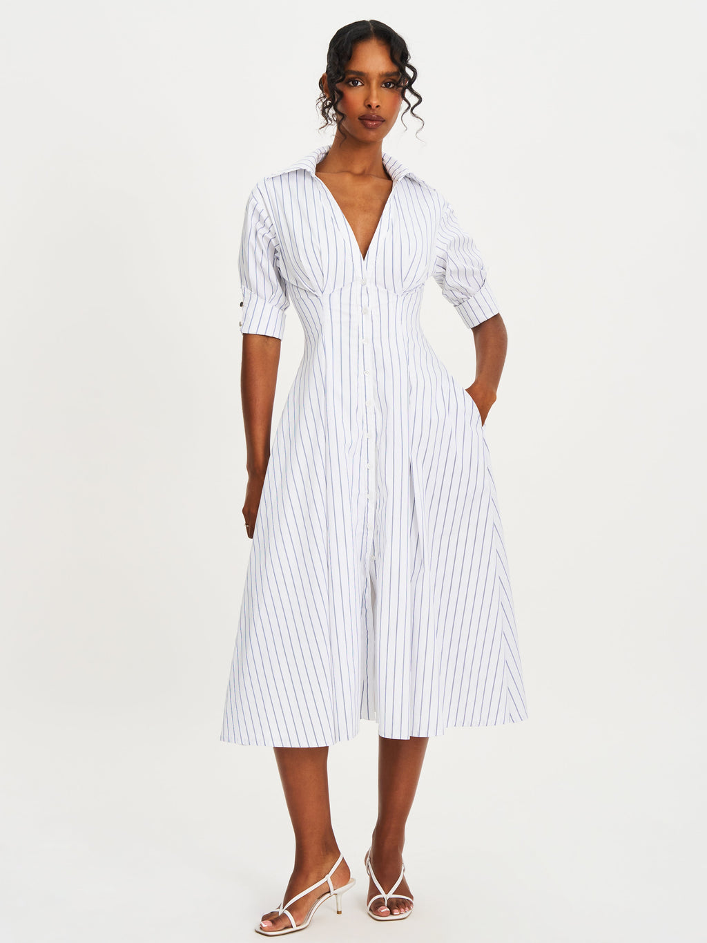 Palina Pinstripes Cotton Poplin Pleated Midi Preppy Shirt Dress - HOUSE OF SHE