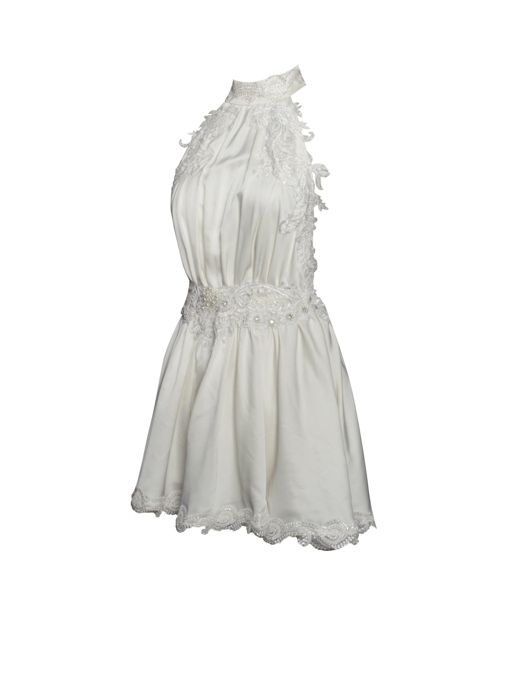 Idalia Pearl White Beaded Lace Trim Backless Halter Mini Dress - HOUSE OF SHE