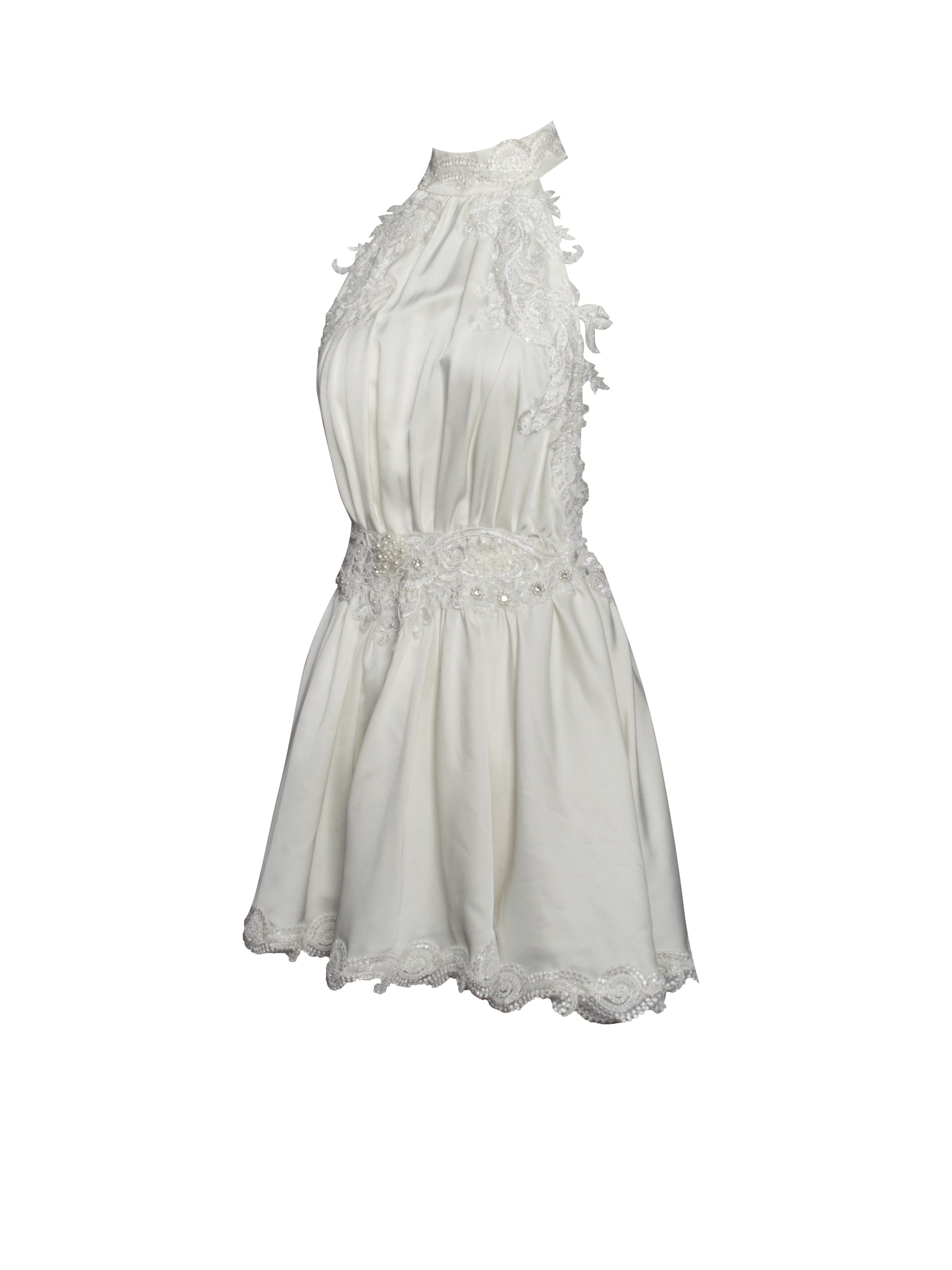 Idalia Pearl White Beaded Lace Trim Backless Halter Mini Dress - HOUSE OF SHE