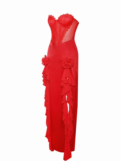 Lia Red Satin Lace Corset Maxi Dress  HOUSE OF SHE