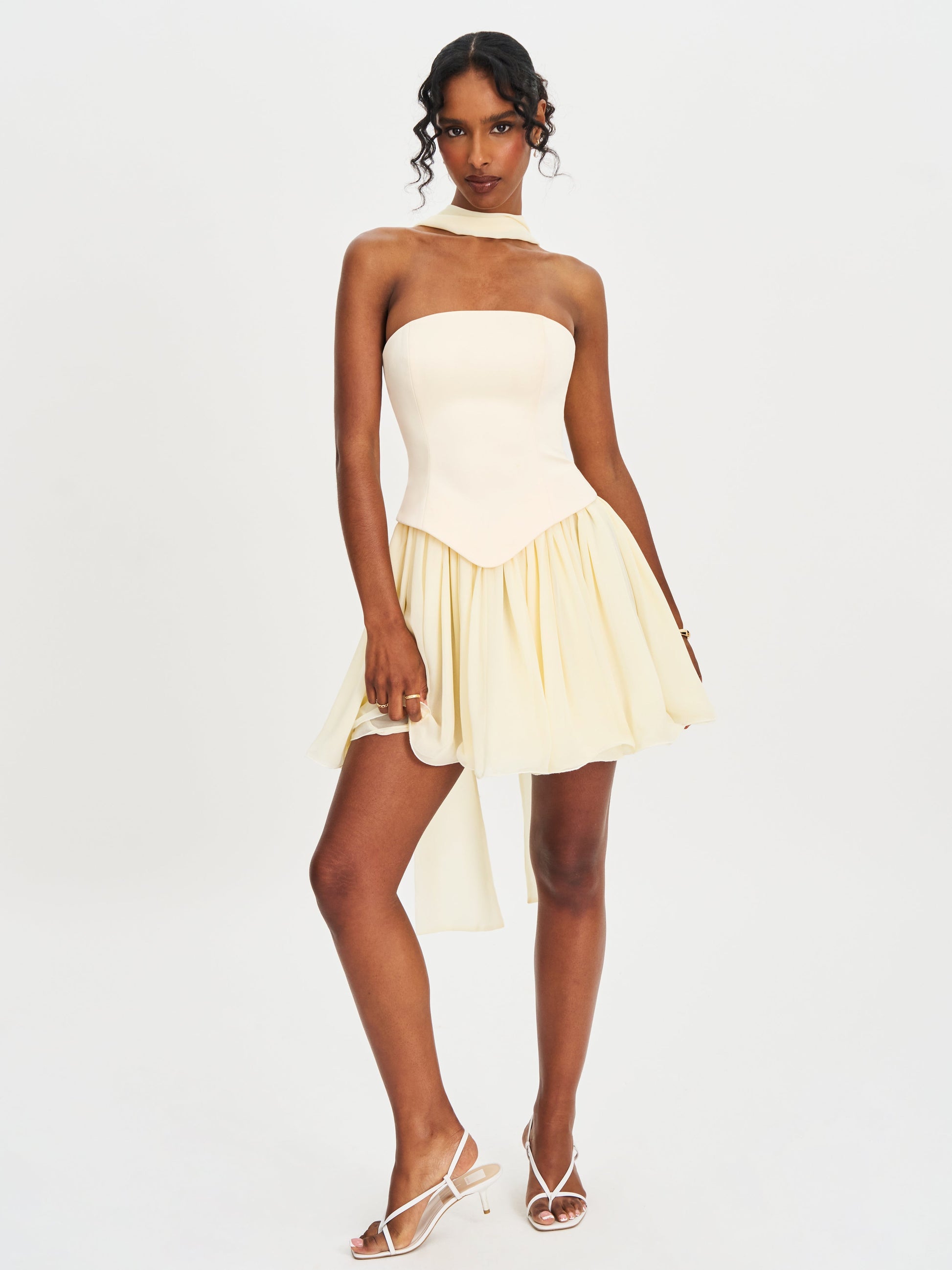 Valentina Butter Yellow Boned Curve Edge Peplum Mini Dress - HOUSE OF SHE