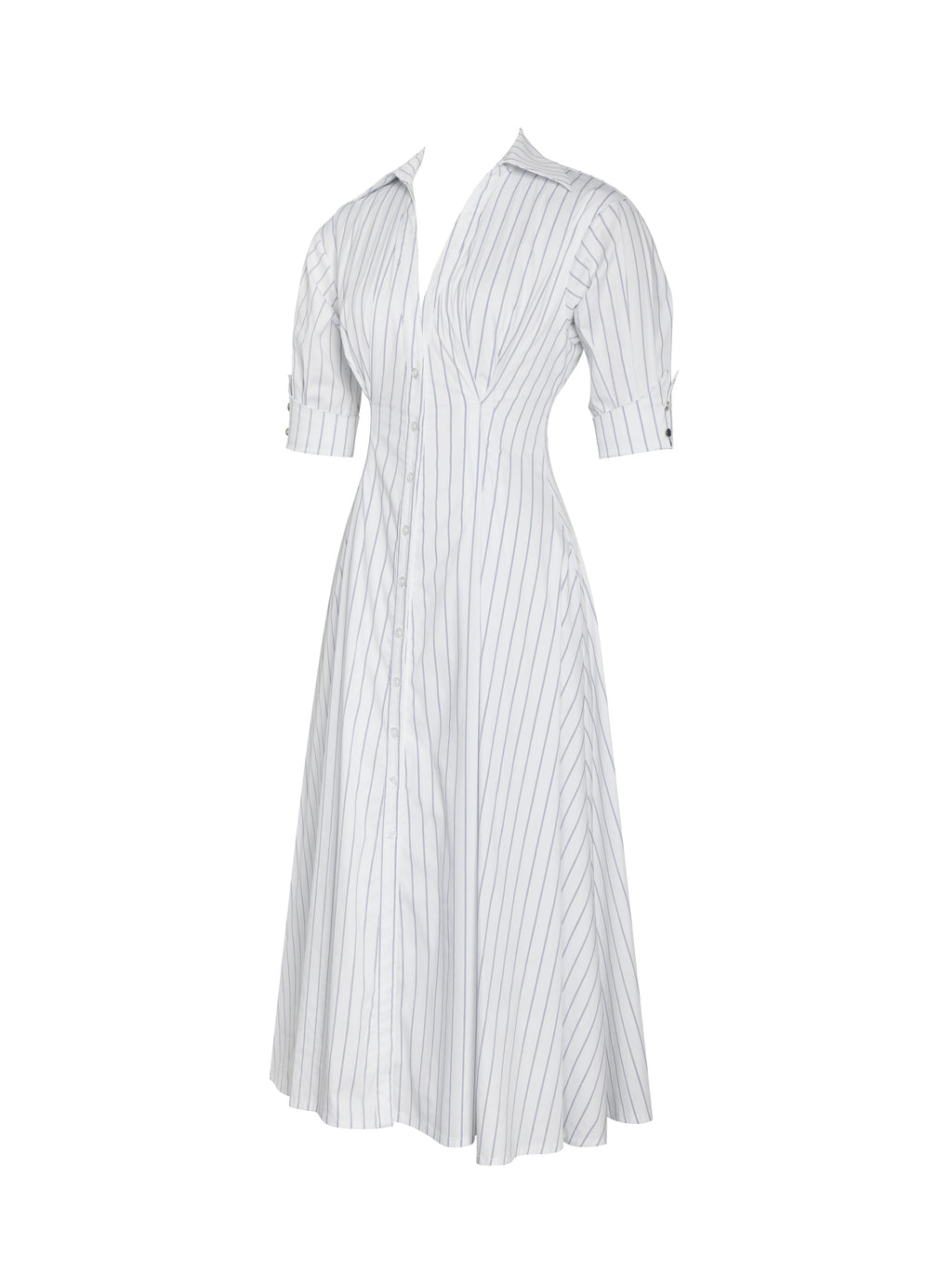 Palina Pinstripes Cotton Poplin Pleated Midi Preppy Shirt Dress - HOUSE OF SHE
