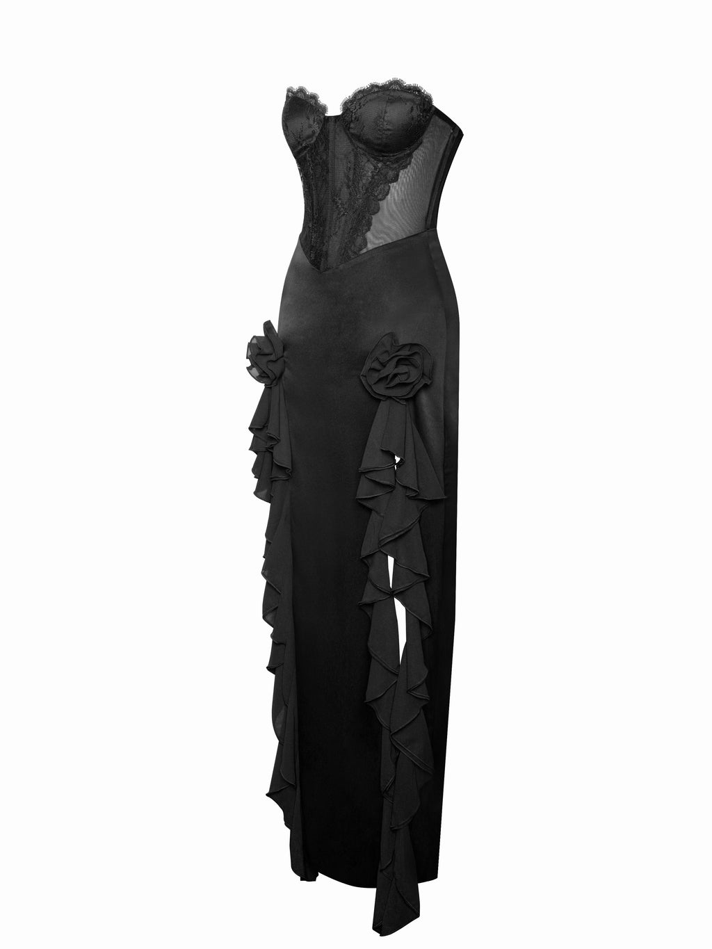 Talia Black Satin Lace Corset Maxi Dress  HOUSE OF SHE