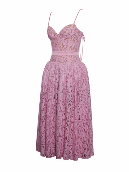 Lorena Pink Lace Drop Waist Midi Dress