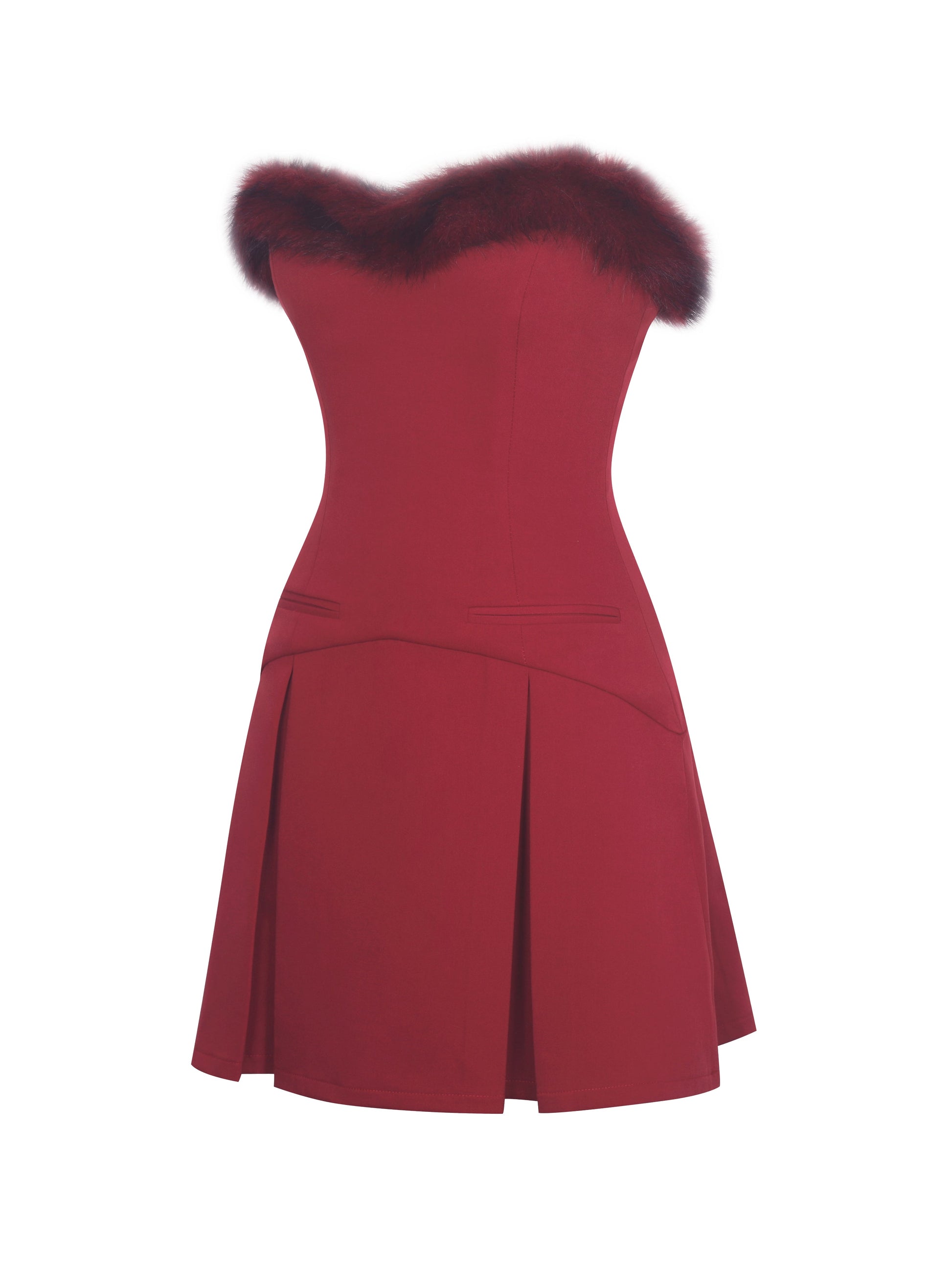 Nalia Crimson Fur Trimmed Sweetheart Mini Dress