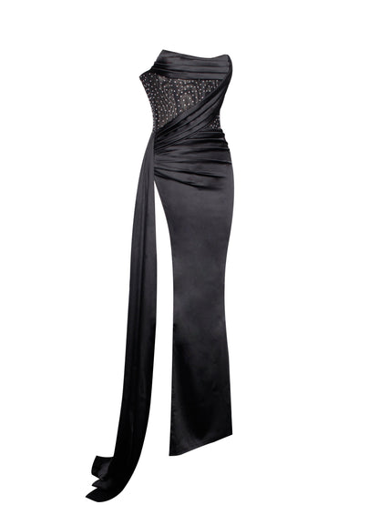 Holly Black Crystallized Corset High Slit Satin Gown  HOUSE OF SHE