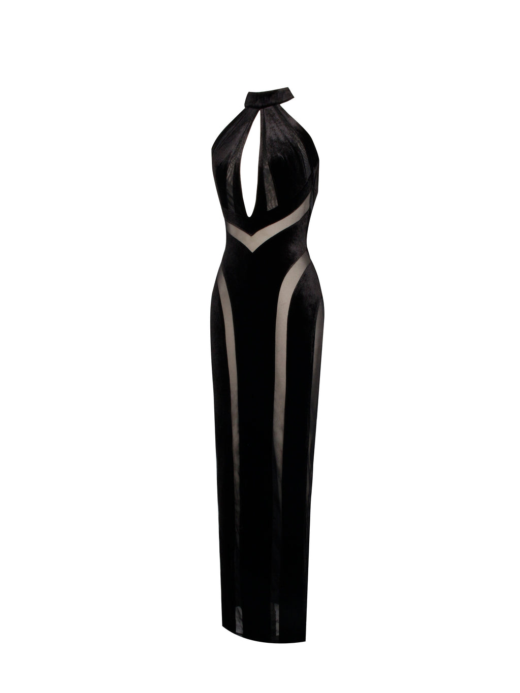 Paityn Black Velvet Mesh Cutout Halter Gown - HOUSE OF SHE