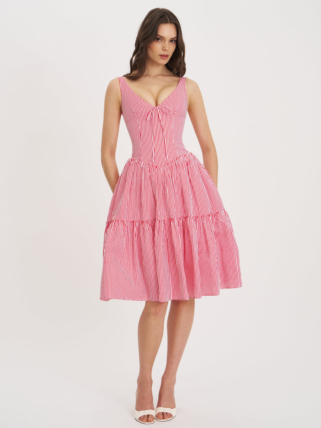 Oceana Red Candy Stripe Drop Waist Midi Dress - HOUSE OF SHE