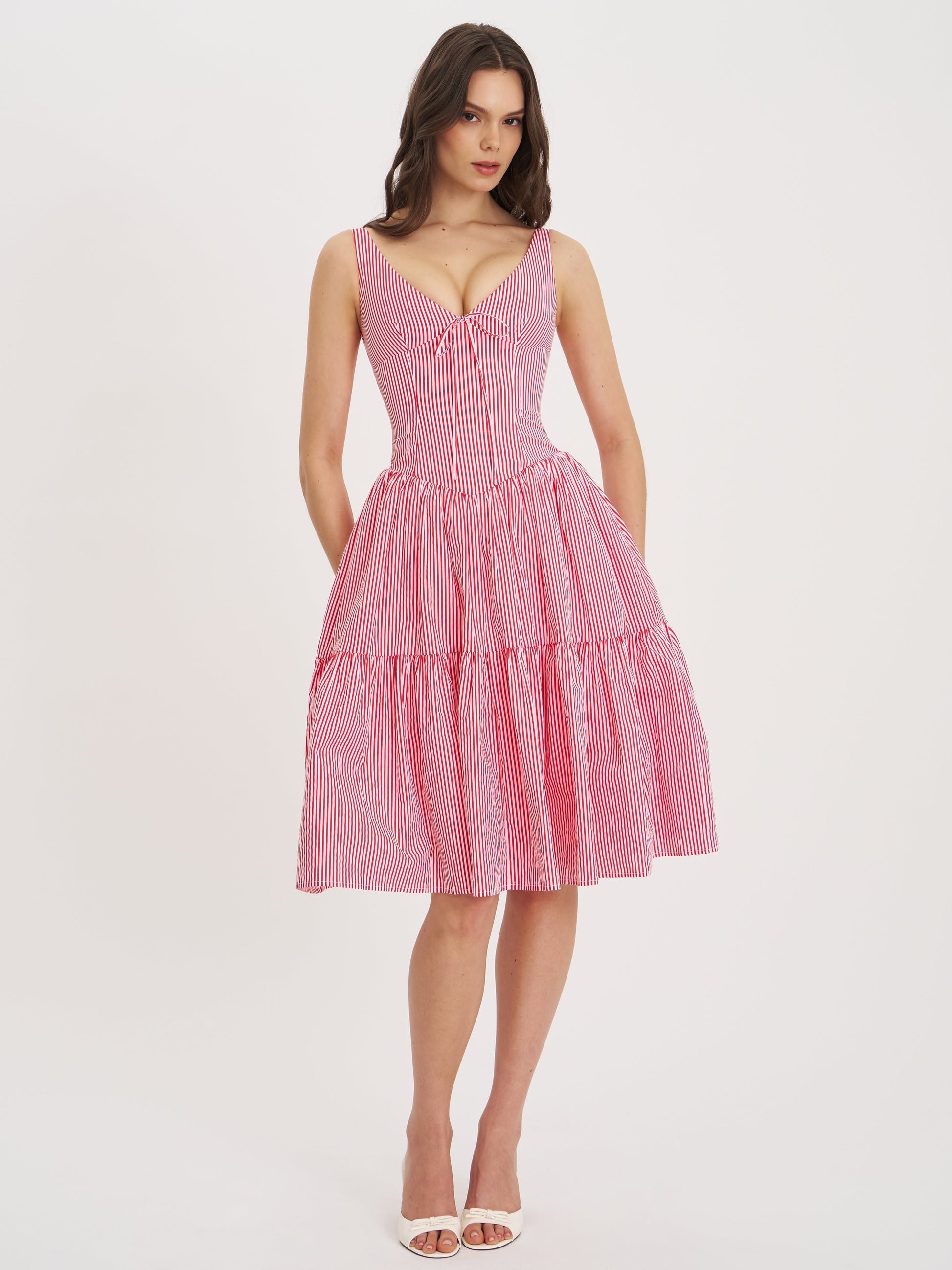 Oceana Red Candy Stripe Drop Waist Midi Dress - HOUSE OF SHE
