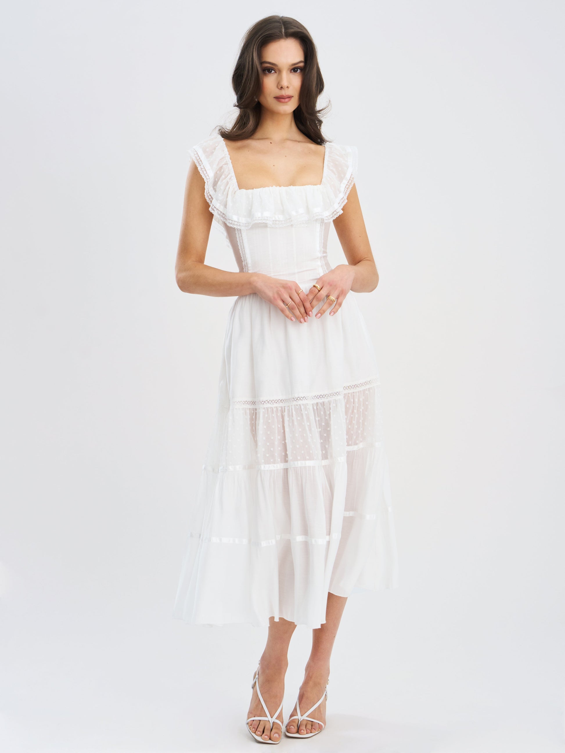 Eden Square Neck Ruffle Trim High Waist Midi Dress - HOUSE OF SHE