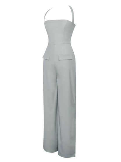 Zaria Sage Green Wide Leg Halter Jumpsuit  HOUSE OF SHE