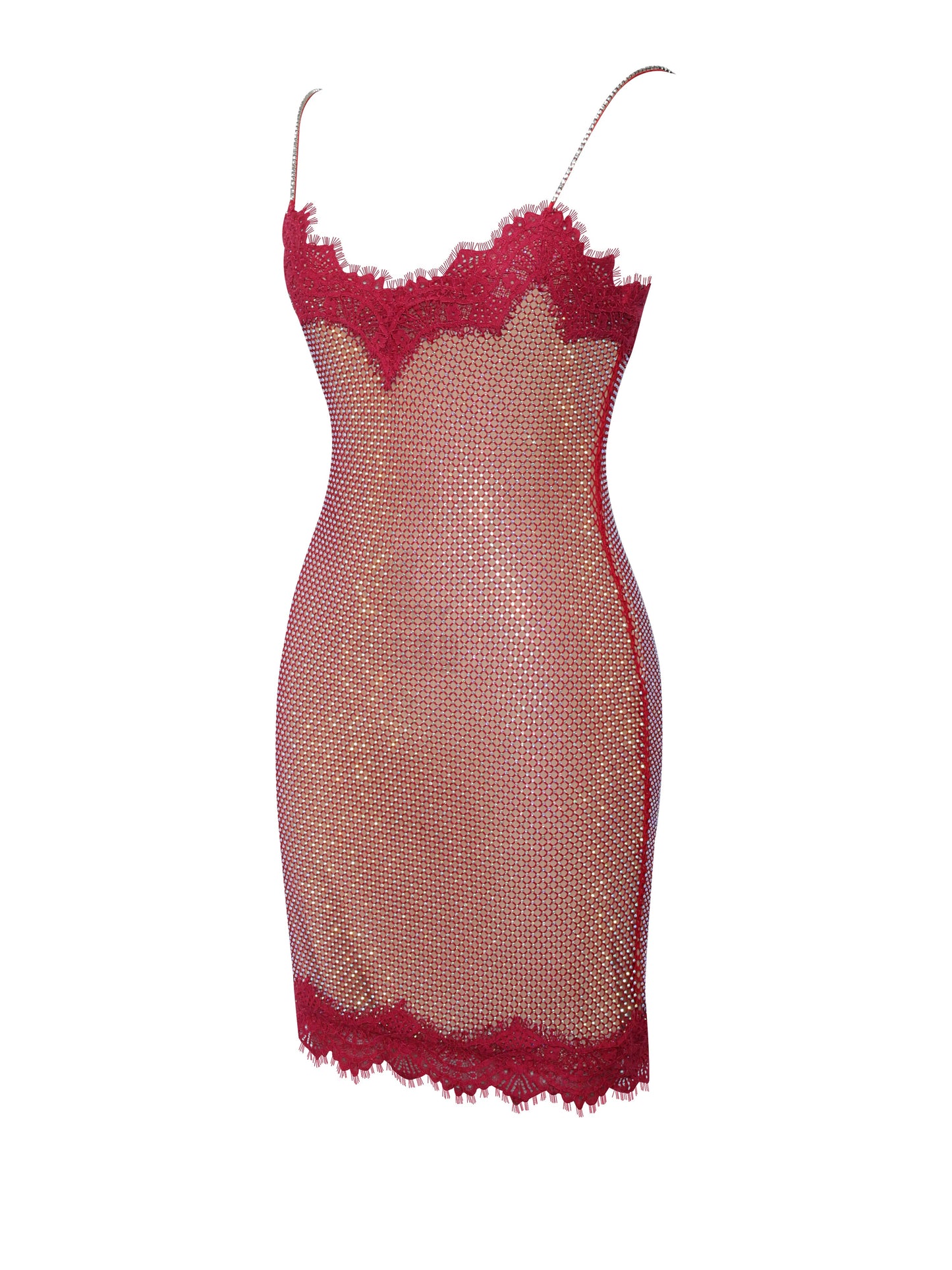 Remi Red Mesh Rhinestone Lace Mini Dress