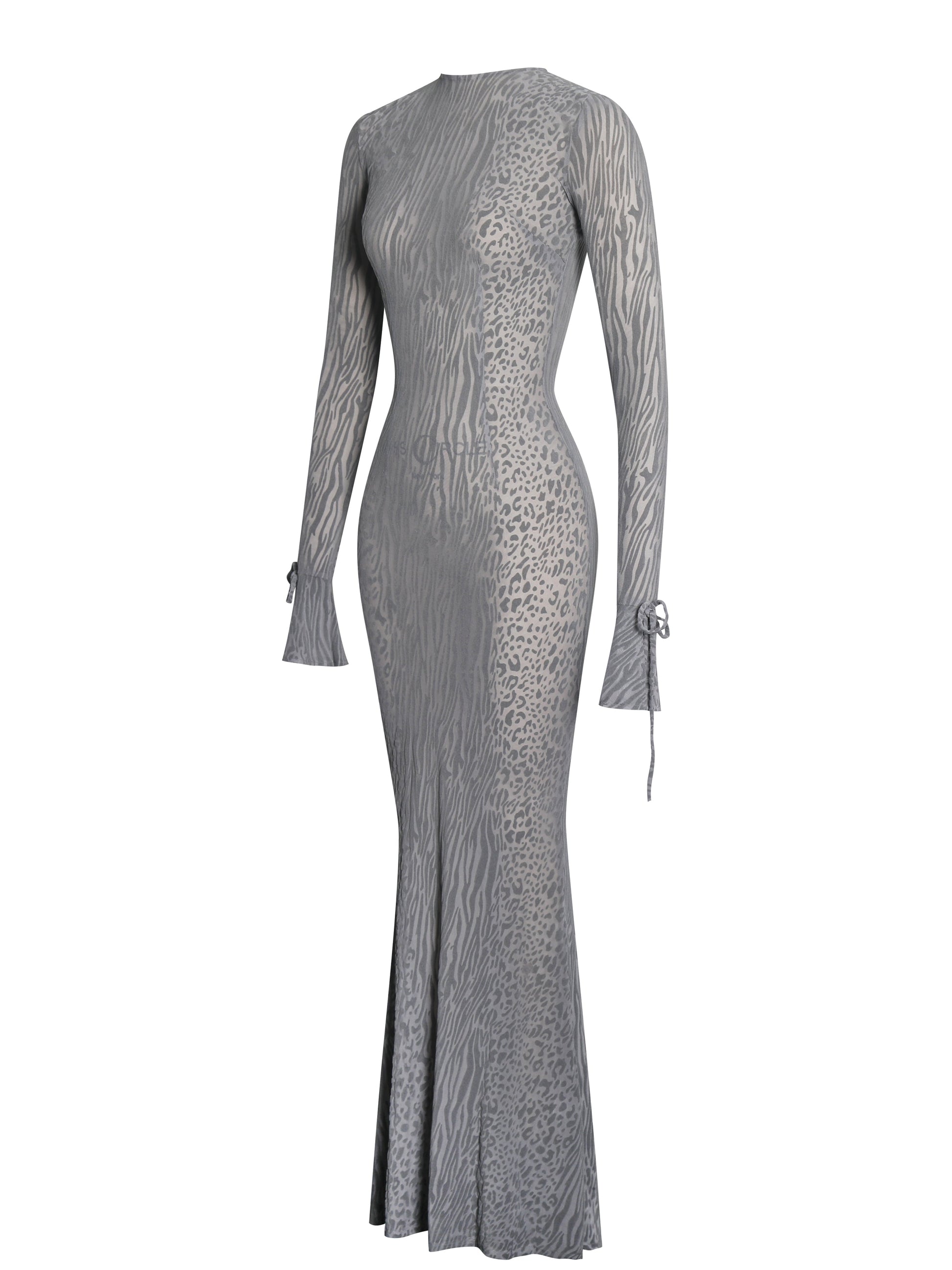 Waylynn Gray Animal Print Burnout Velvet Detail Mesh Backless Maxi Dress - HOUSE OF SHE