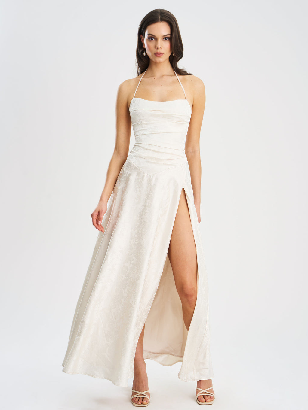 Raegan Pearl White Jacquard Rouched Maxi Dress - HOUSE OF SHE