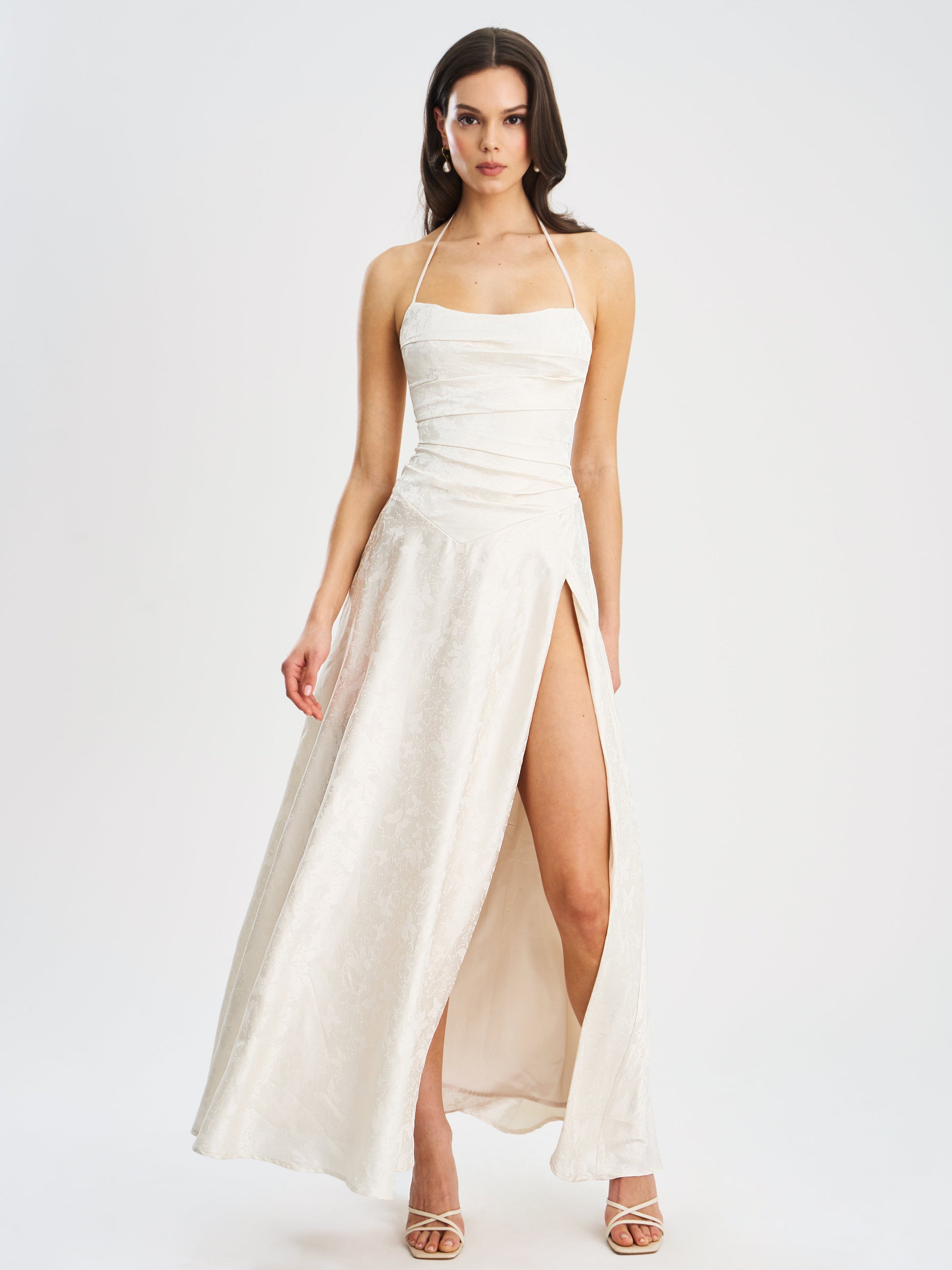 Raegan Pearl White Jacquard Rouched Maxi Dress - HOUSE OF SHE
